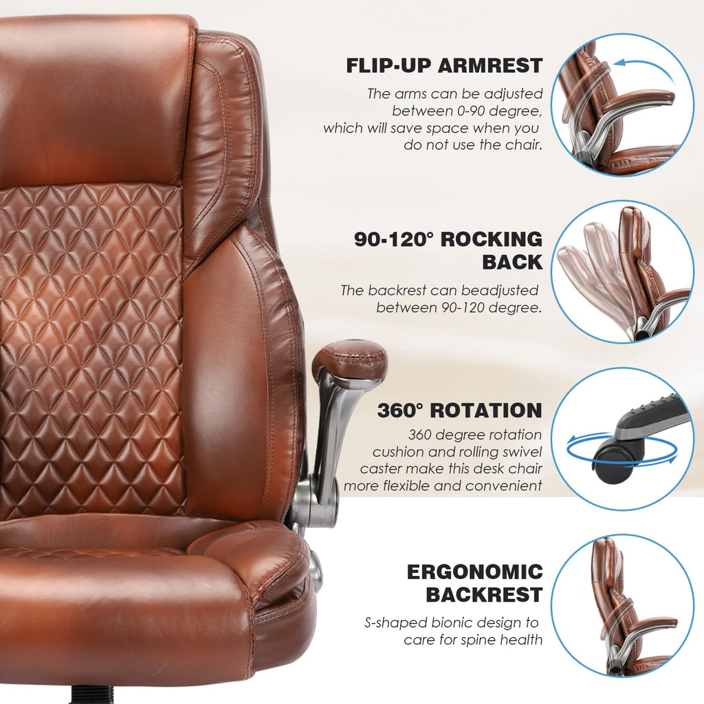Reficcer Brown Leather Executive Office Chair with Flip Up Arms, 46.21 inches x 27 inches x 27.55 inches
