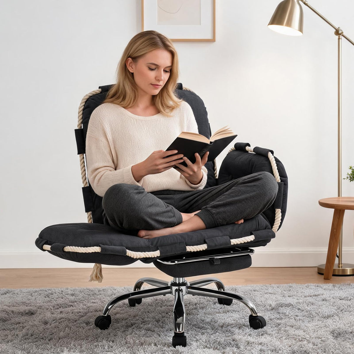 Cjdsec Criss Cross Office Chair with Foot Rest Flip Armrests for Pets and Cross Legged Office Chairs for Women Reclining Office Desk Chair