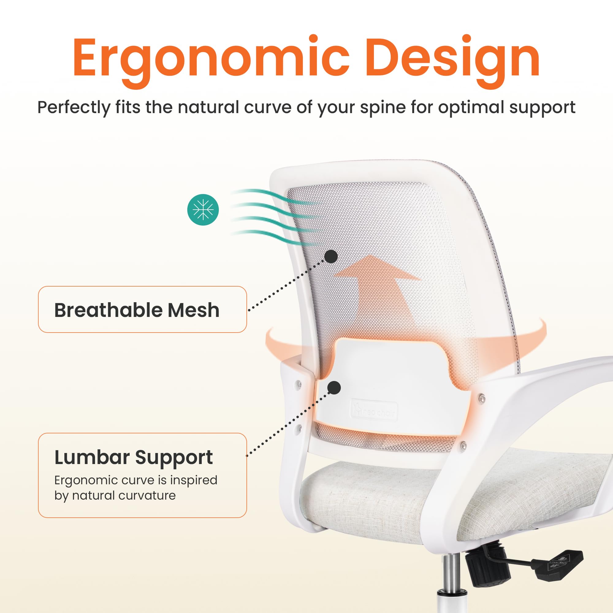 Neo Chair Home Office Desk Chair Ergonomic Mesh with Lumbar Support, Ivory, Ivory-white Frame
