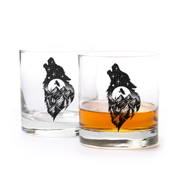Black Lantern Wolf and Forest Whiskey Glass Set Set of 2 11oz Heavy Base Glasses | Nature-Themed Gift for Outdoor & Wildlife Lovers