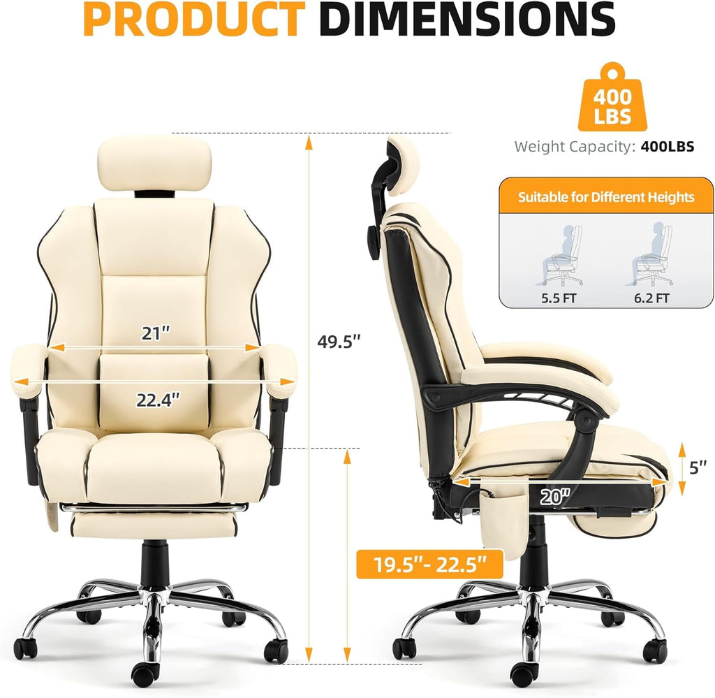 Homrest Heated Massage Executive Office Chair with Footrest,beige, White