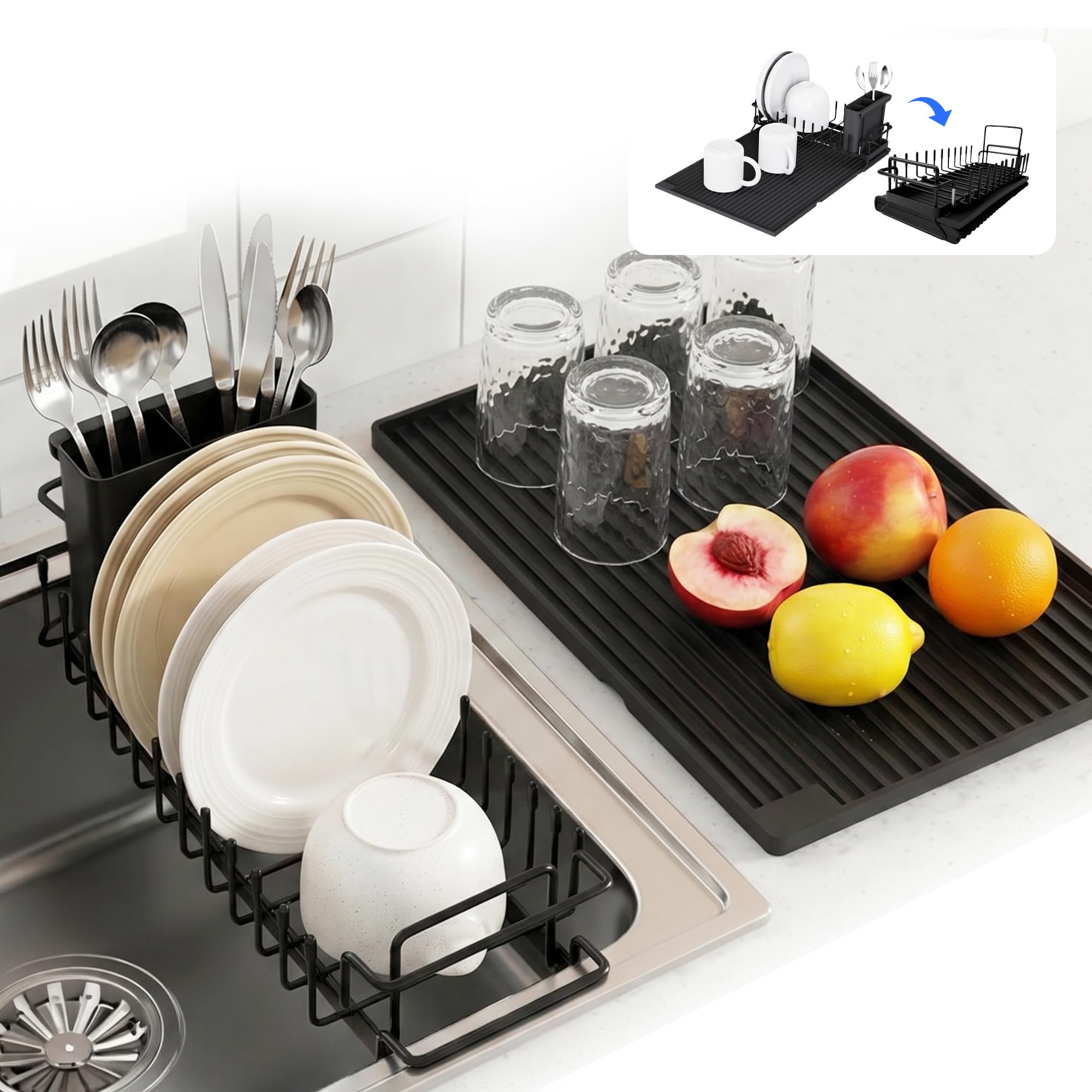 Expandable & Collapsible Dish Drying Rack for Over The Sink and in Sink, Stainless Steel with Silicone Drip Tray, Space Saving Adjustable Dish Rack for Small Kitchen, Apartment & RV