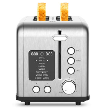 2-Slice Bagel Toaster Stainless Steel with Screen- Single Slice Function for Single-Sided Stuffed Bagel, 8 Bread Types, 6 Browning Levels, LED Countdown Timer, Defrost/Reheat/Cancel, 825W