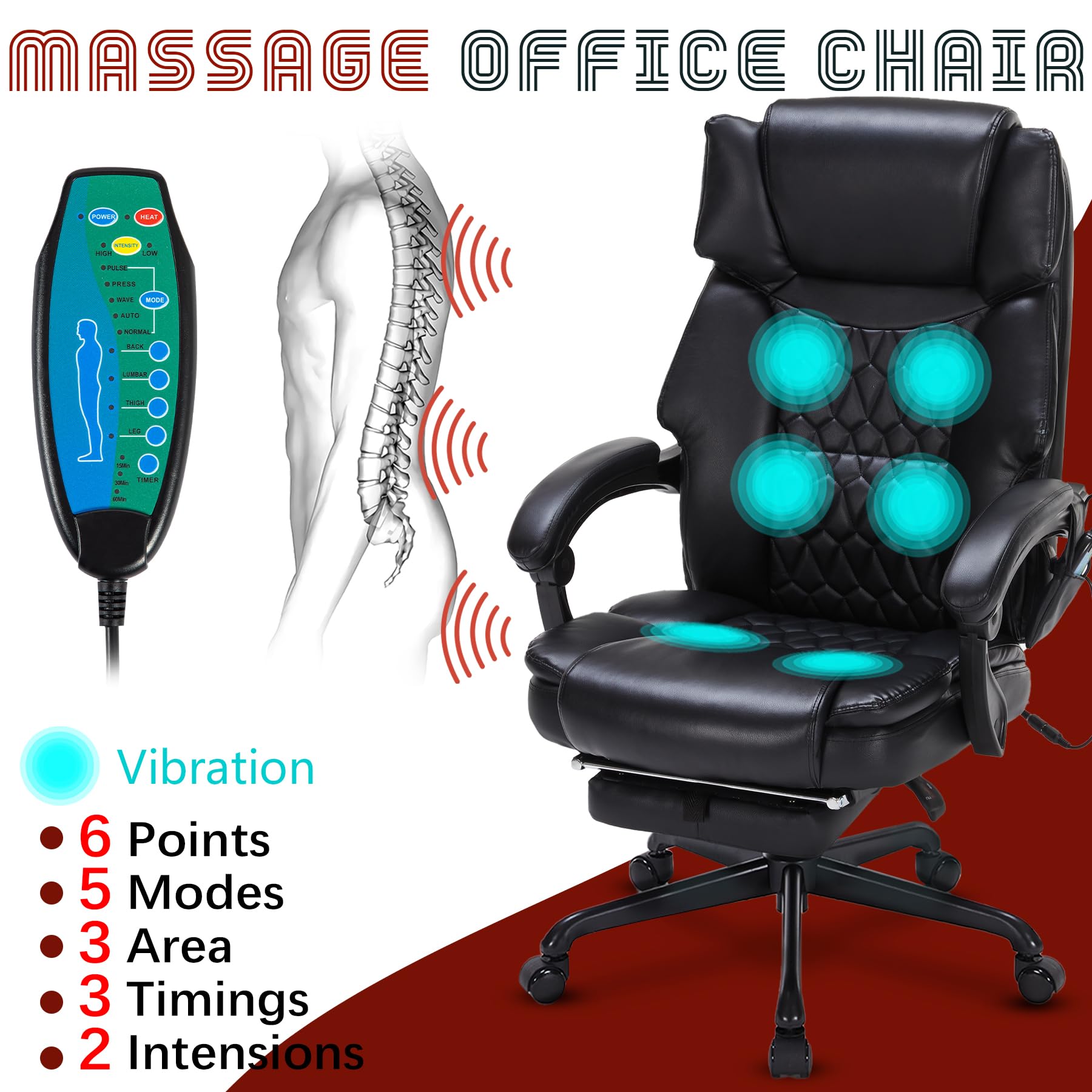 Massage Office Chair with Foot Rest 6 Points Vibration and Heat Home Office Desk Chairs for Heavy People 400lbs Reclining Managerial Chairs