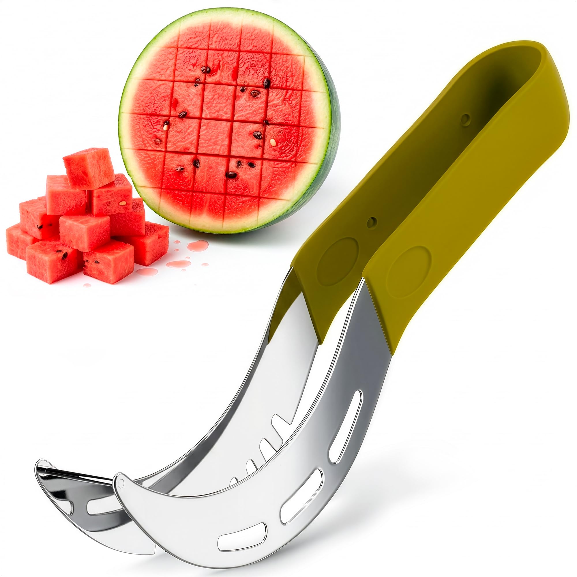 Stainless Steel Watermelon Slicer Cutter Tool - 9.1" Curved Watermelon Cutter with Ergonomic TPR Handle for Easy Slicing and Serving - Evenly Cuts, Lightweight, Rust-Resistant and Dishwasher Safe