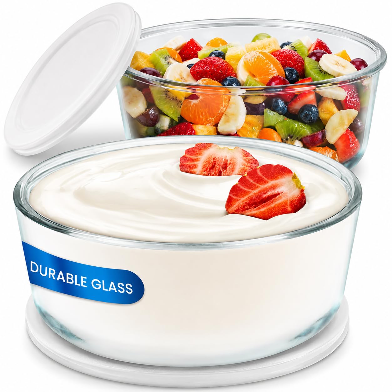 Ultimate Yogurt Containers 2 Pack, Make More Yogurt with 1-Quart Glass Containers (4 Cup), 100% BPA Free, Durable & Oven Safe Round Bowl Set with Lids, Perfect for Food Storage & Meal Prep