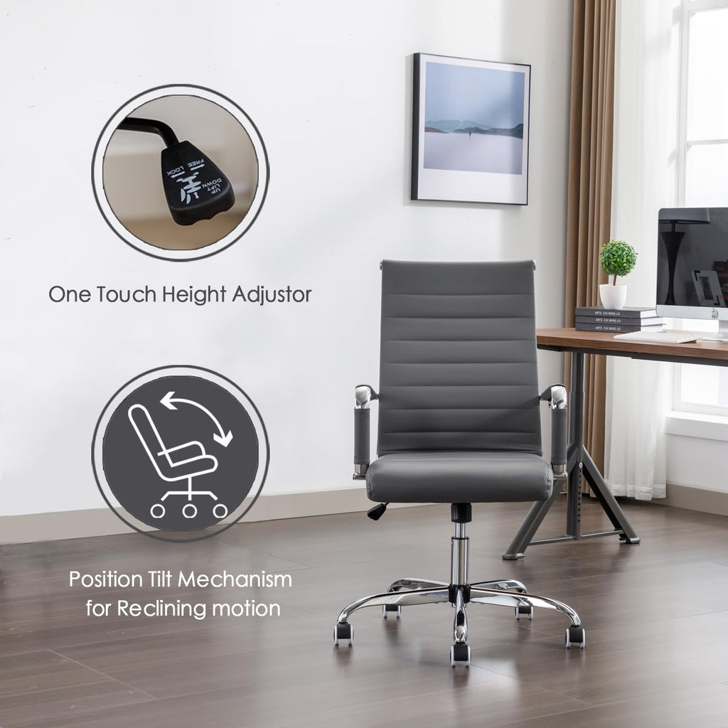 Office Desk Chair Leather, Conference Room Chairs with Wheels, Executive Modern High Back Ergonomic Swivel Rolling Ribbed Computer Chair