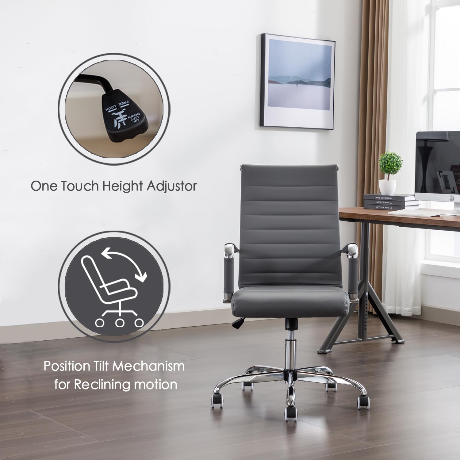Office Desk Chair Leather, Conference Room Chairs with Wheels, Executive Modern High Back Ergonomic Swivel Rolling Ribbed Computer Chair