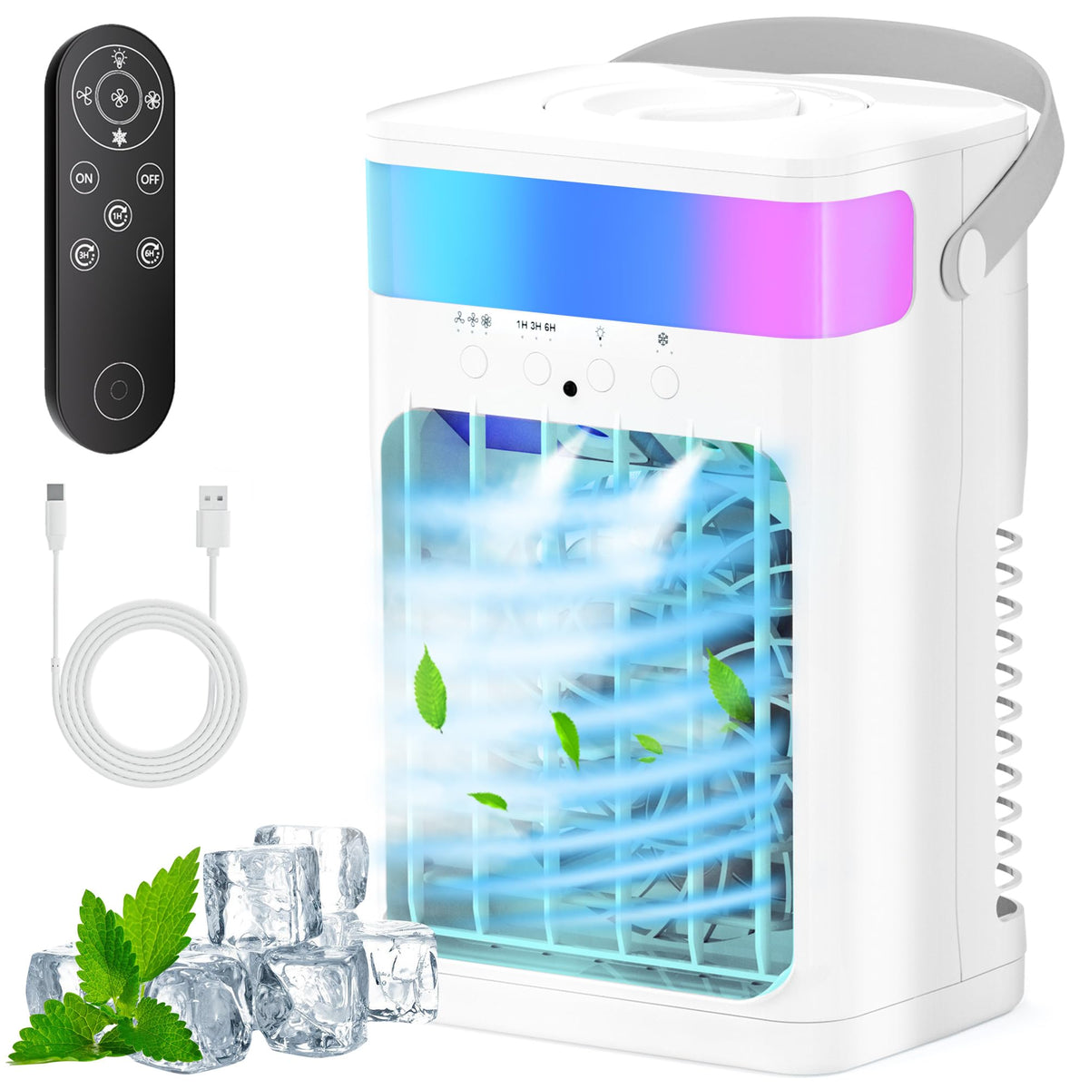 Portable Air Conditioner, Cooling Fan 3 Speeds & 3 Modes Personal Cooling Fan Mini Air Conditioner Fan with Remote, 1500ML Water Tank, Night Light, No battery, for Home Office Bedroom