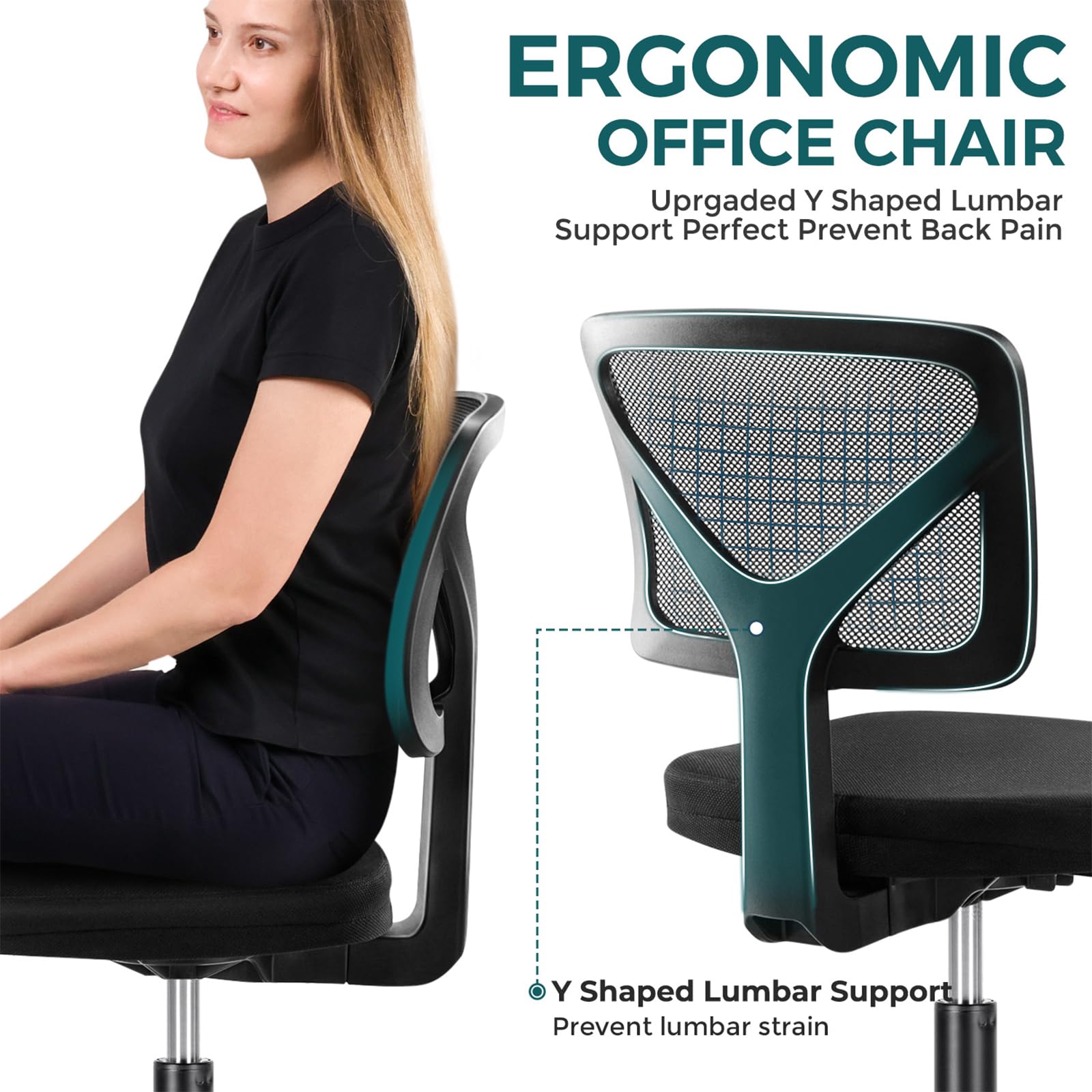 Dumos Armless Desk Chairs, 2 Pack, Small Home Office Mesh Chairs, Set of 2, Black