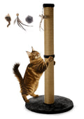 34inches Tall Cat Scratching Post with Plush Base Cat Scratcher for Indoor Cat with Natural Sisal Rope, Black Round Platform,Have 4 Replacement Pendant