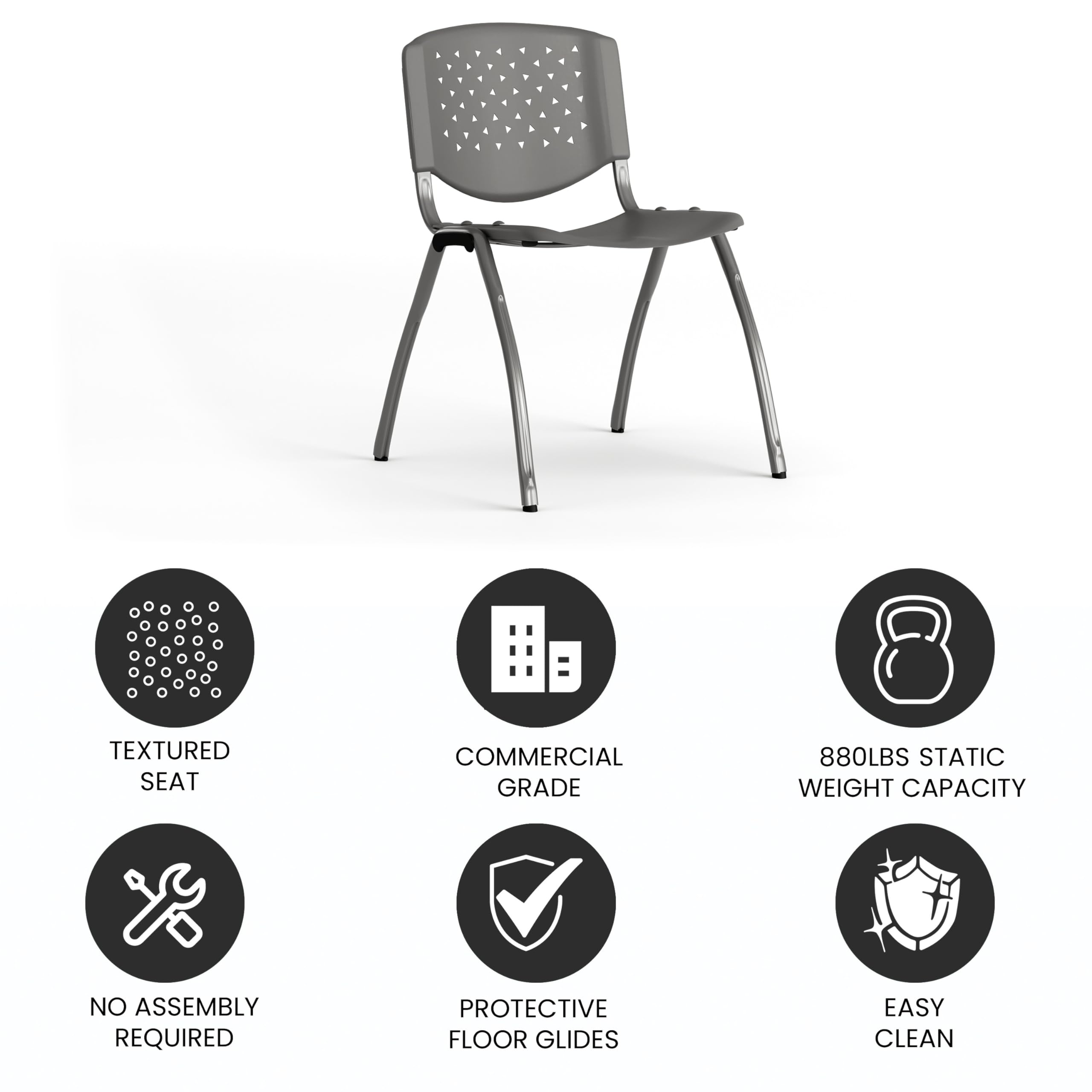 Emma + Oliver Home and Office Gray Plastic Stack Chair with Perforated Back, 20.75"W x 24.5"D x 28.5"H, Grey