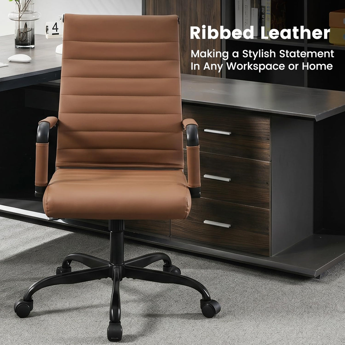 Seanail Leather Office Desk Chair, Conference Room Chairs with Wheels, Modern Executive Computer Guest Chairs with Arms, Brown&black