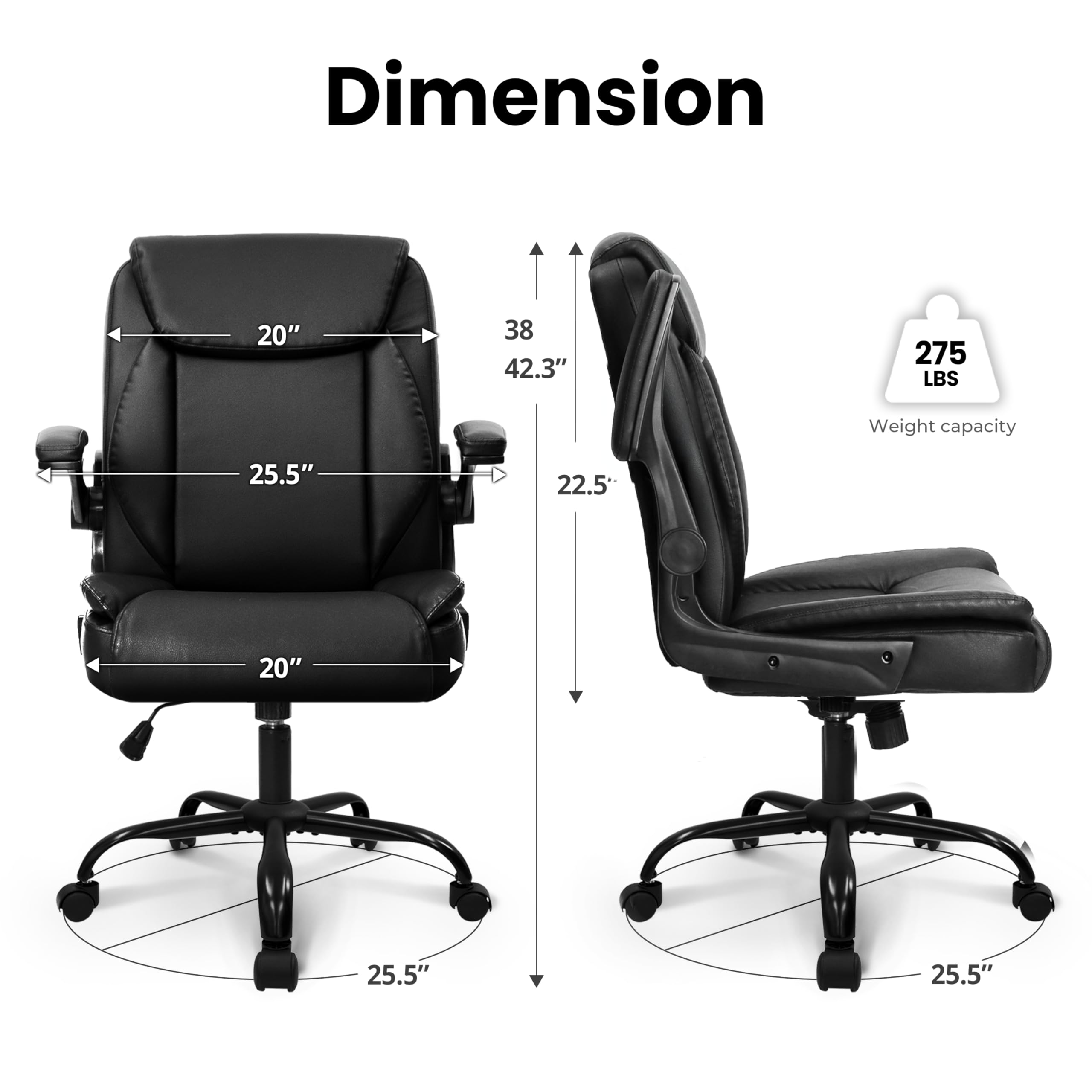 Neo Chair Pu Leather Office Desk Chair with Adjustable Arms, All Black, 26 inches (W) x 23 inches (L) x 42 inches (H)