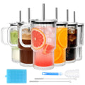 Accguan 6Pack 20oz Ribbed Glass Tumbler with Straw and Lid,Glass Cup with Handle,Reusable lced Coffee Cups with lids-Glass Cups with Lids for Smoothie,Coffee,Juice,Tea,Travel Mug,Cold & Hot Beverages