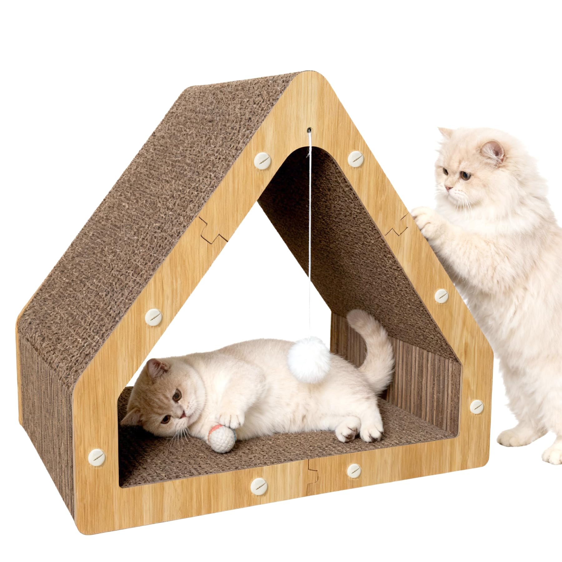 Cat Scratcher House with Hanging Ball - Cozy Corrugated Cardboard Cat Scratching Pad for Indoor Cats/Kittens, Stable Structure & Eco-Friendly