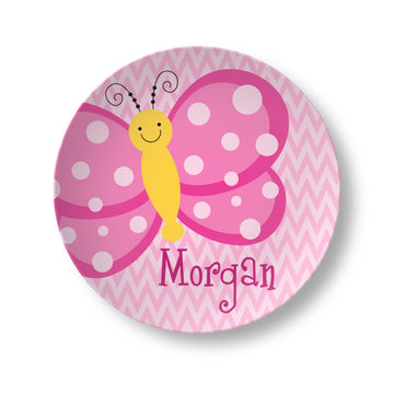 Personalized Butterfly Plate - Bright Pink Butterfly Dinnerware - Custom Name Gift Set for Kids