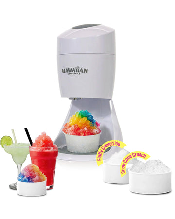 Hawaiian Shaved Ice S900A Snow Cone and Shaved Ice Machine with 2 Reusable Plastic Ice Mold Cups, Non-slip Mat, Instruction Manual, 1-year Manufacturer’s Warranty, 120V, White