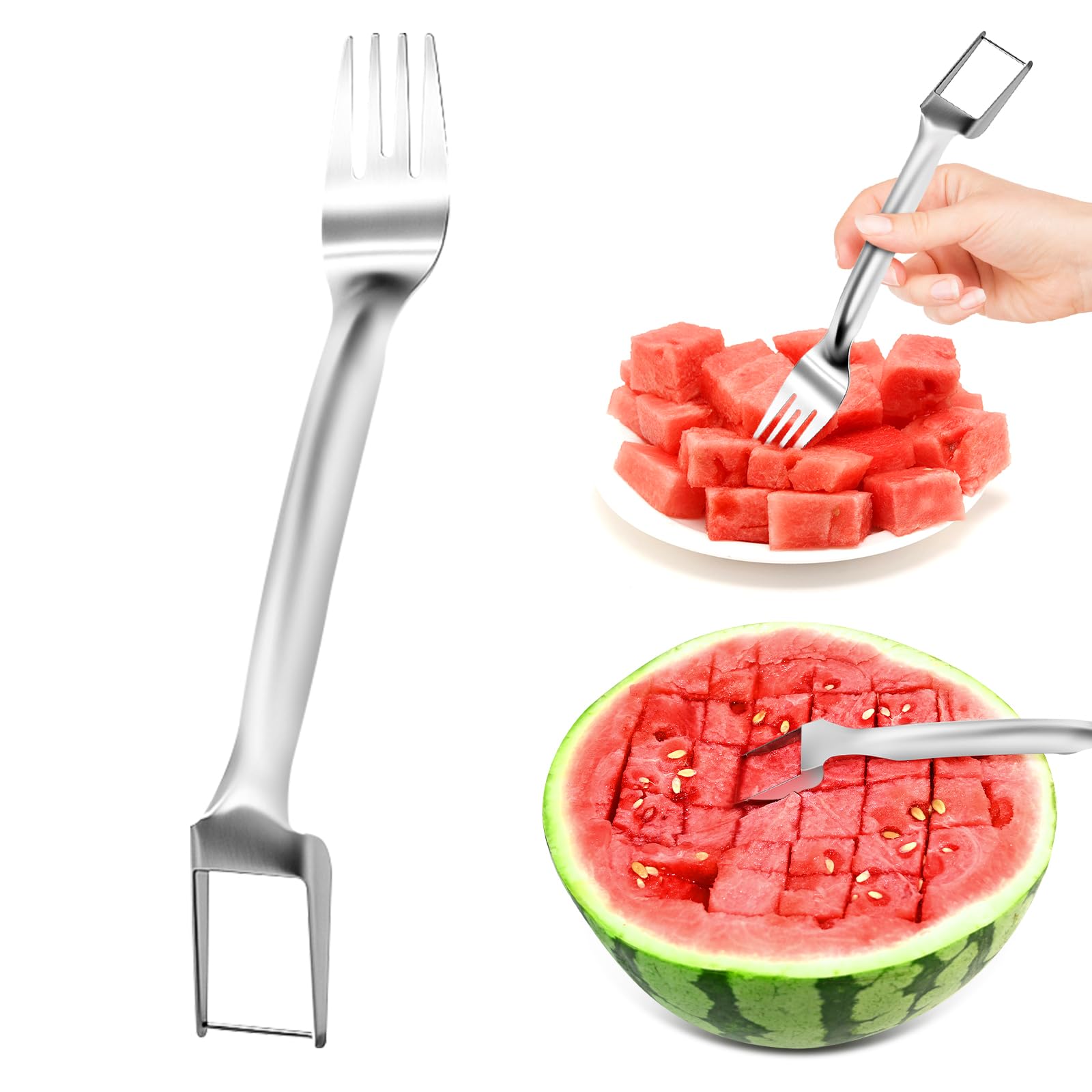 1 PCS Stainless Steel Watermelon Slicer and Fork - 2-in-1 Portable Kitchen Tool for Home Camping and Parties