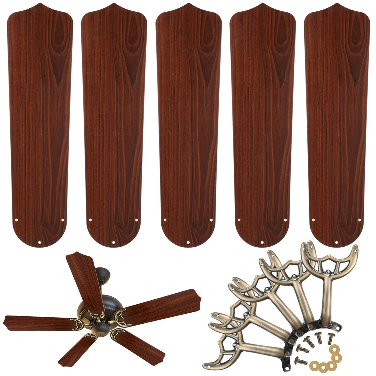 Yaocom 10 Pack 20.47" Ceiling Fan Replacement Blades and Blade Arms Kit for 52 inch Ceiling Fan, 5 Blades and 5 Blade Arms with Mounting Hardware for Bedroom Living Room(Pointed Toe,Chestnut Brown)