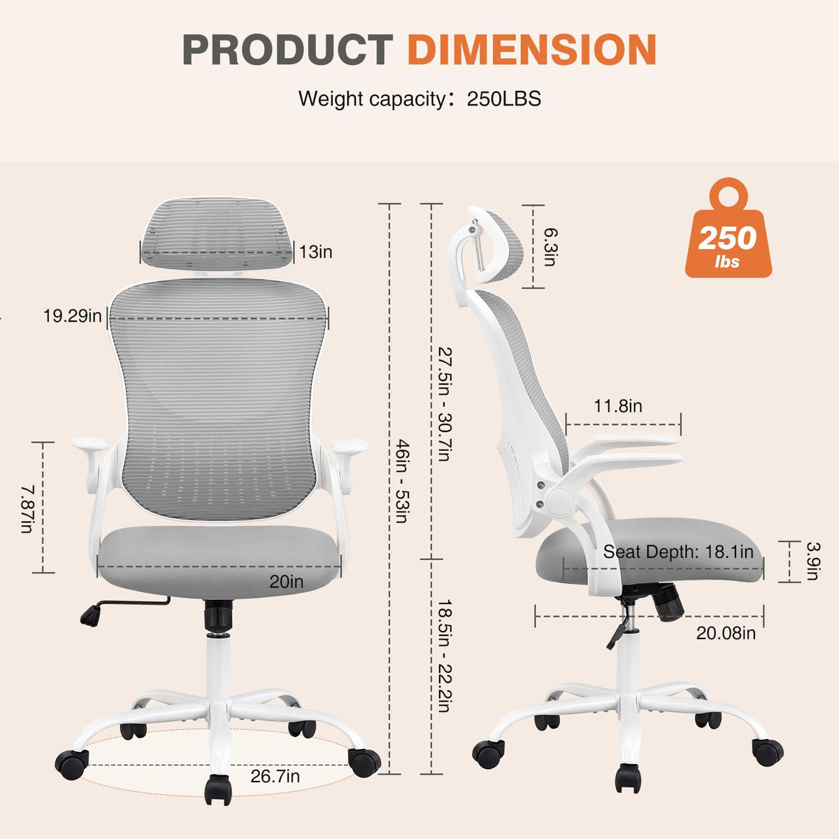 Sweetcrispy Home Office Managerial Executive Chair, High-back Mesh with Adjustable Headrest, Flip-up Armrest Comfortable Lumbar Support, Comfy