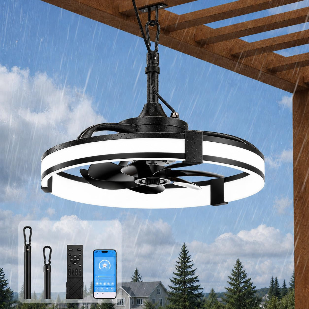 Ausic Outdoor Ceiling Fan with Light, 20" Waterproof Outdoor Gazebo Fan for Patios, Plug in Caged Hanging Fan with Remote Control Smart App 3CCT 6-Speeds for Garage, Porch, Deck, Pergola