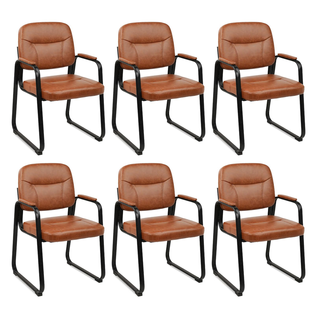 Clatina Leather Office Guest Waiting Room Chair with Sled Base, Reception Chair No Wheels with Armrests and Lumber Support, Stationary Desk