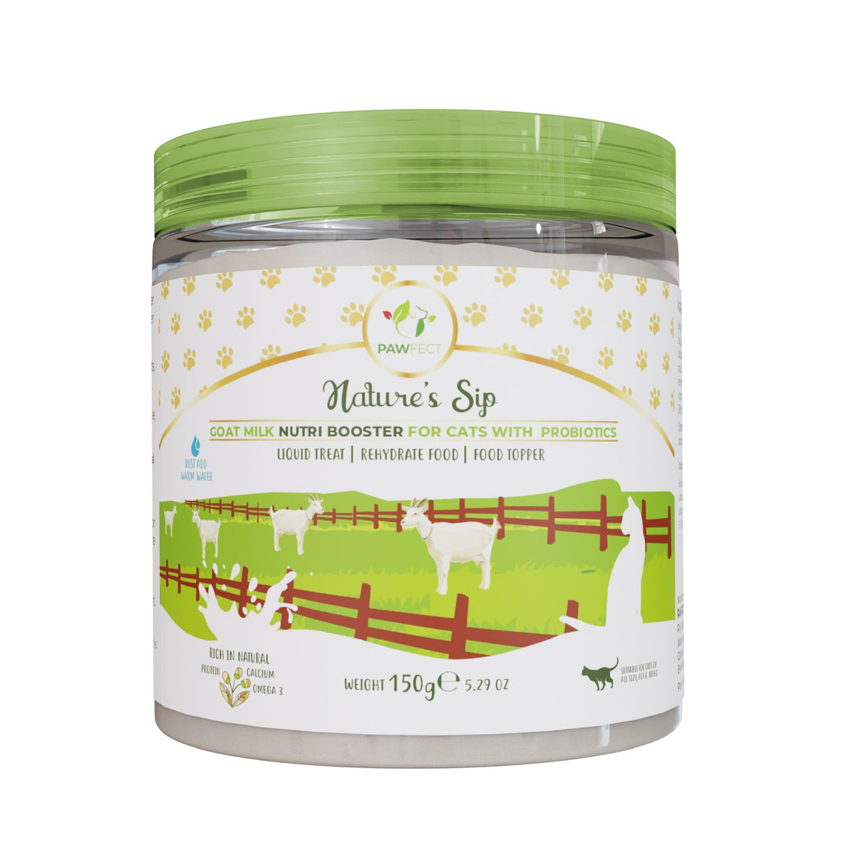 Pawfect Nature's Sip Goat Milk Nutri Booster Powder for Cats- All Natural - Rehydrate Food - Probiotic Milk Supplement - Immunity Booster - Food Topper - Liquid Treat (150g/5.29oz)