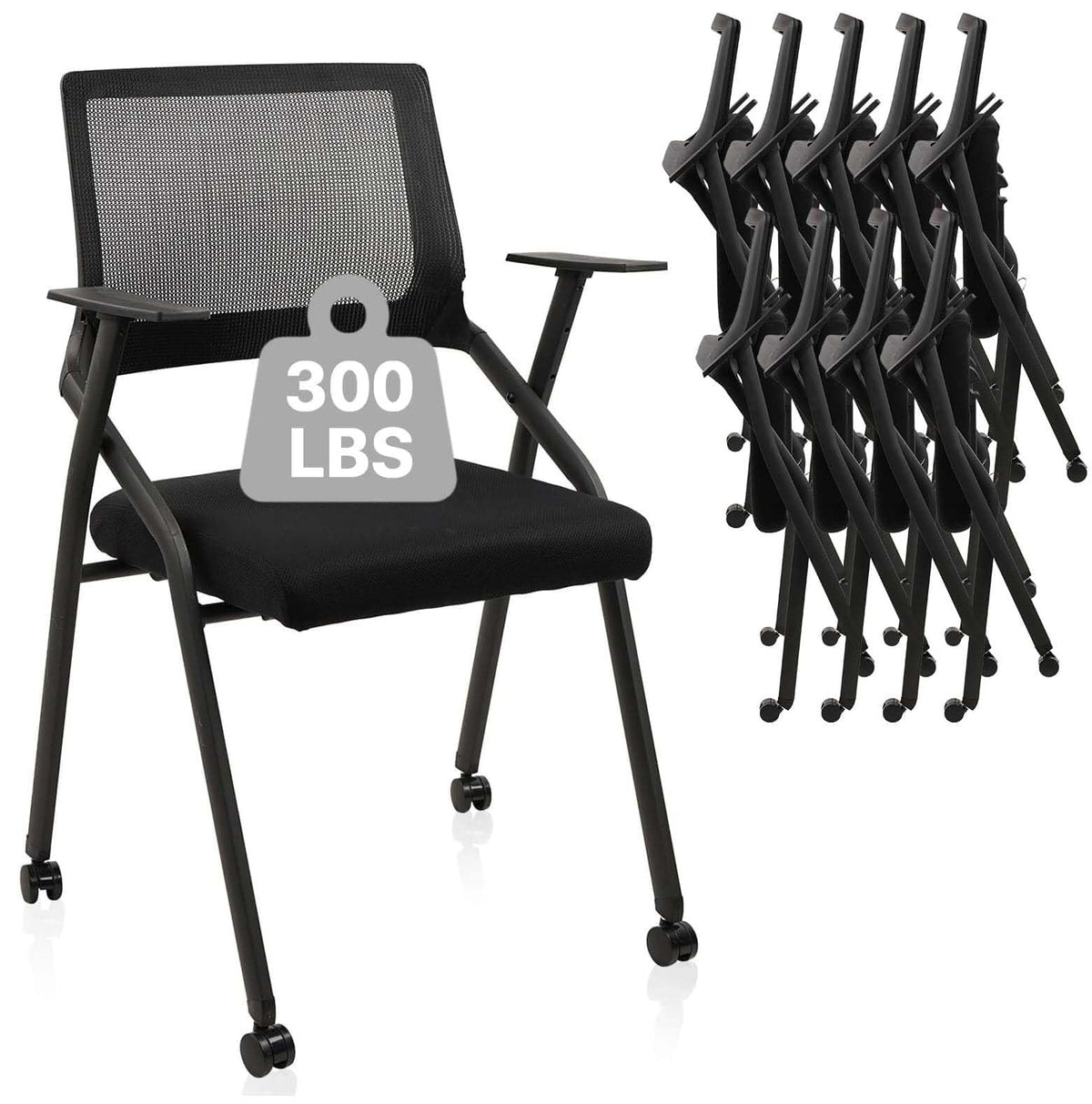 Clatina Stackable Foldable Conference Room Chairs with Wheels, Portable Padded Office Desk Chair with Lumbar Support and Armrest for Training