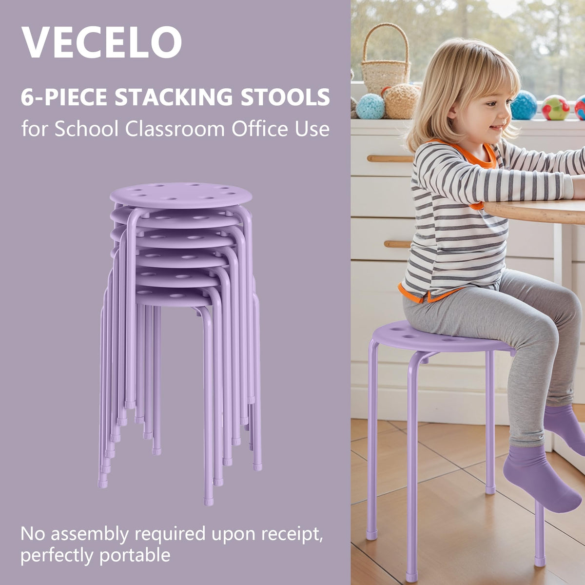 Vecelo 6-piece Stacking Stools, 17.7 Inch Standard Height, Portable Stackable Colorful Decoration Stools for School Classroom and Office Use,