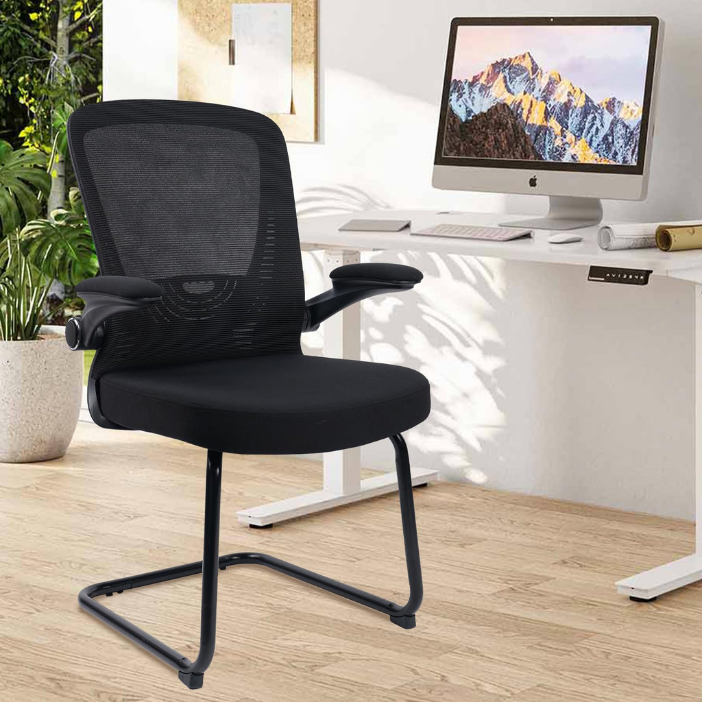 Clatina Office Guest Chair No Wheels, Ergonomic Mesh Desk Chair Adjustable Lumbar Support and Flip Up Arms, Sled Base for Office Guest &