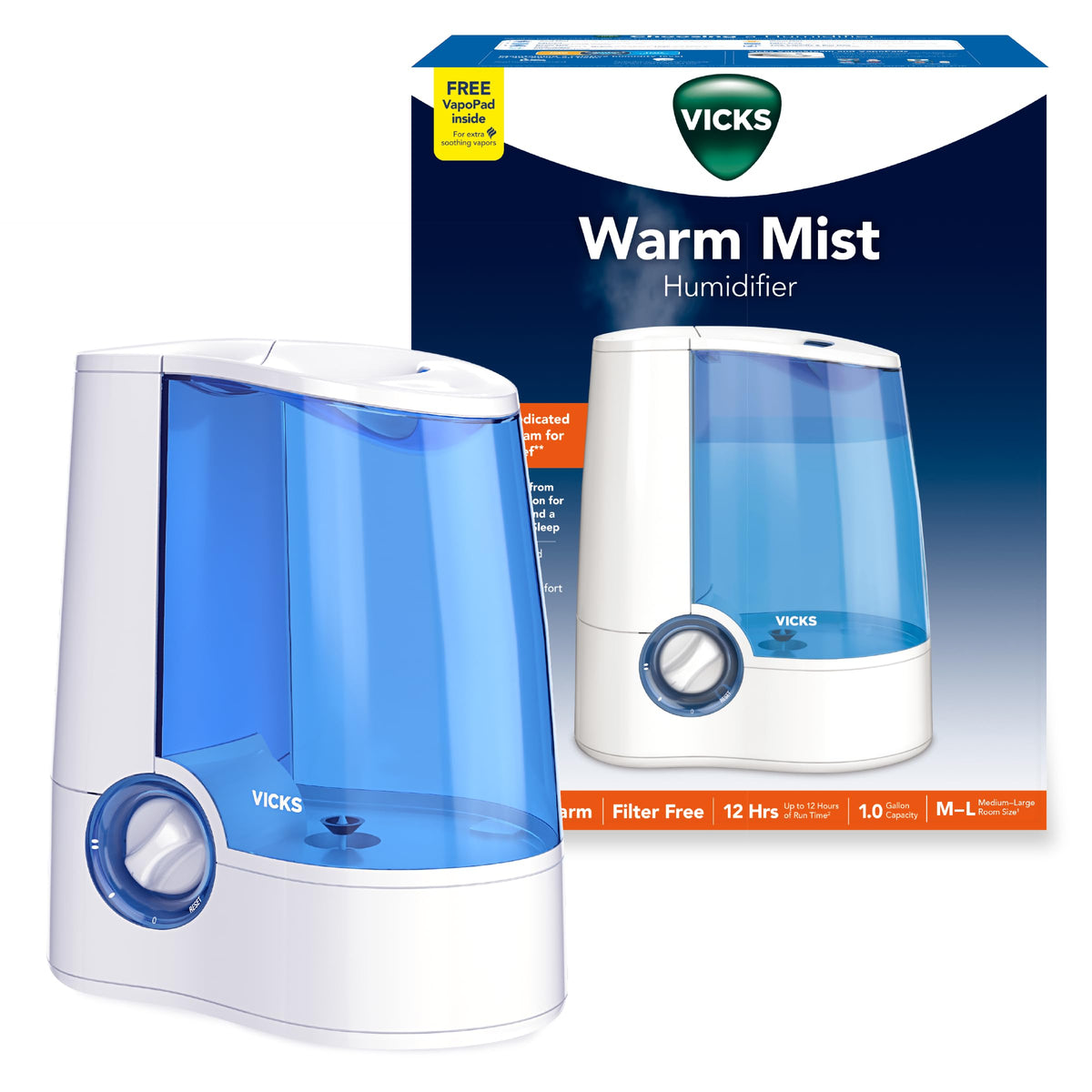 Vicks Warm Mist Humidifier Filter-Free 1-Gal Tank, Auto Shut-Off, Night Light, VapoPad and VapoSteam Compatible