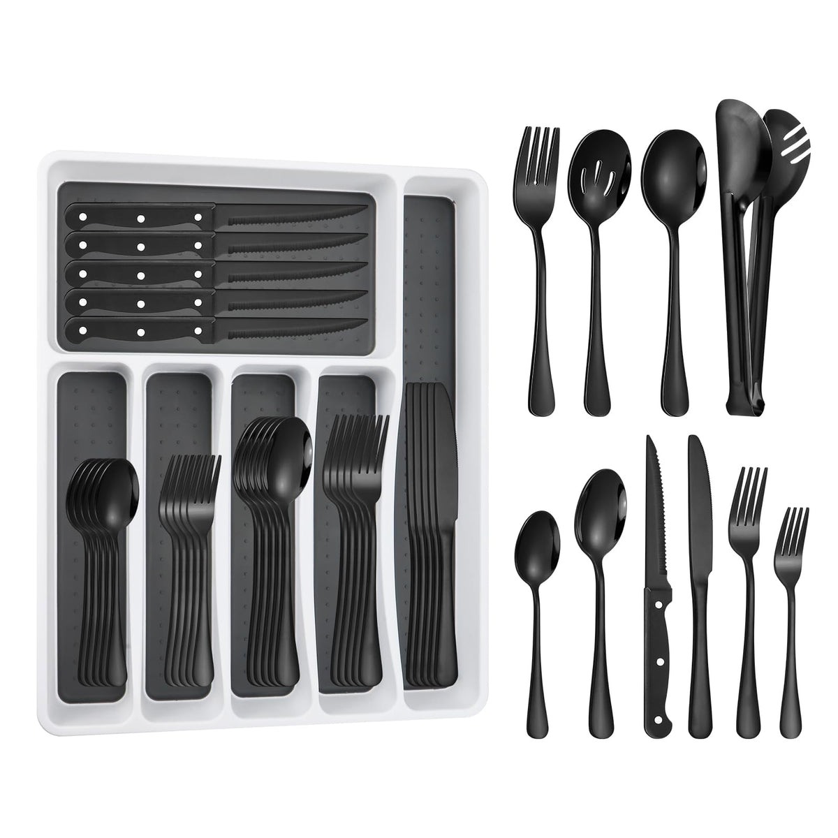 53PCS Black Silverware Set for 8 with Flatware Drawer Organizer, Stainless Steel Cutlery Set with Steak Knives, Include Spoons and Forks Set & Serving Utensils, Mirror Polished, Dishwasher Safe