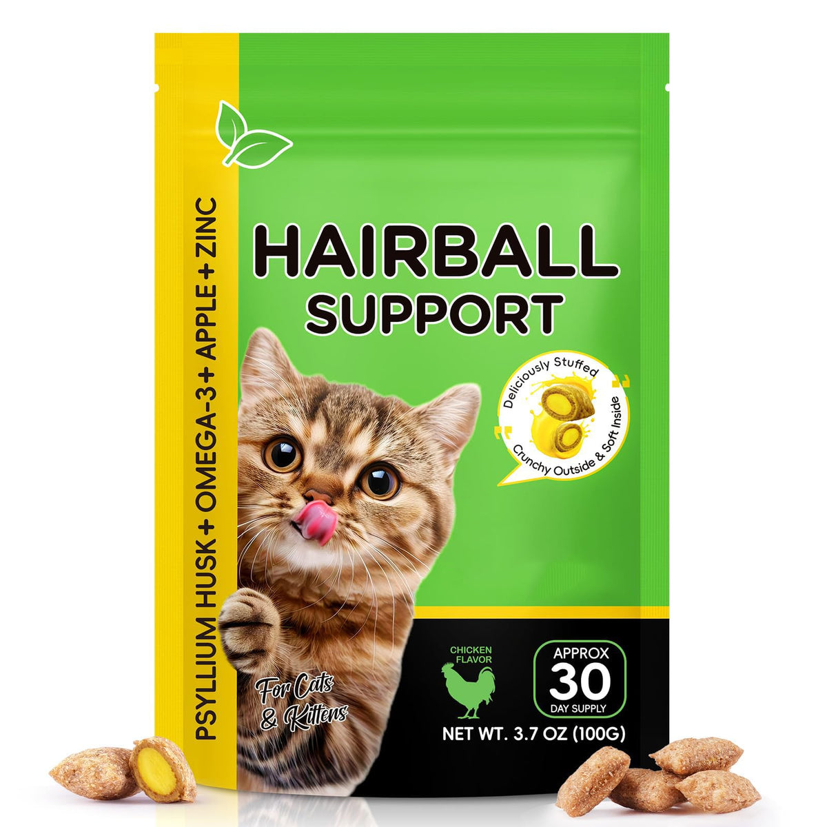 Cat Hairball Support Treats with Psyllium Husk & Omega-3, Chicken Flavor Soft & Crunchy Bites for Ingested Hair Elimination, Digestive & Skin Health, 3.7 oz (100g)