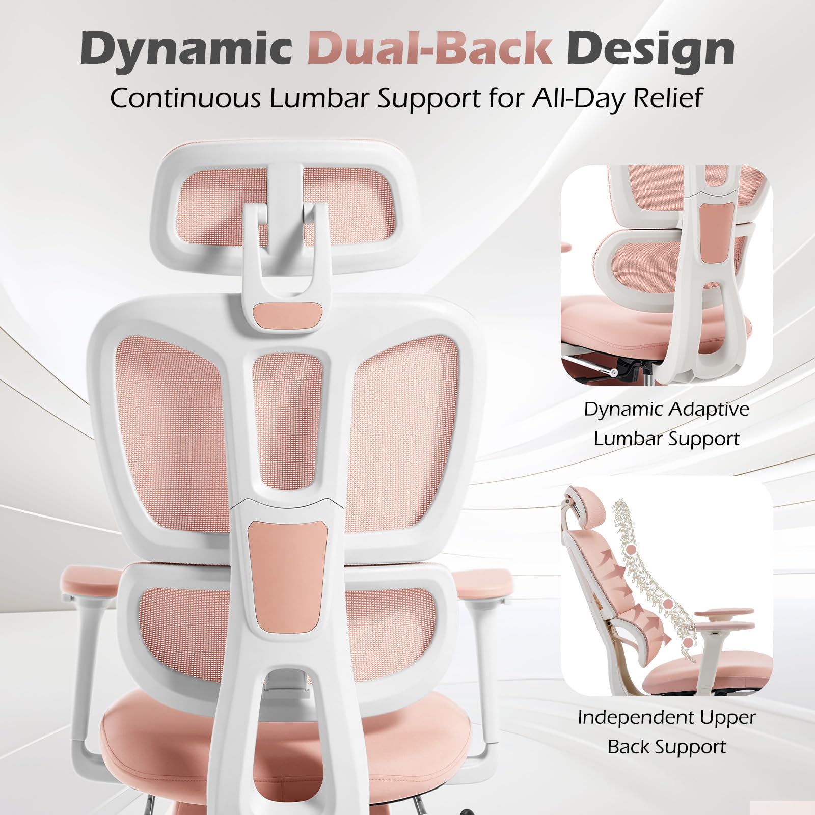 Ergonomic Office Chair with Footrest and Dynamic Lumbar Support, Pink, High Back