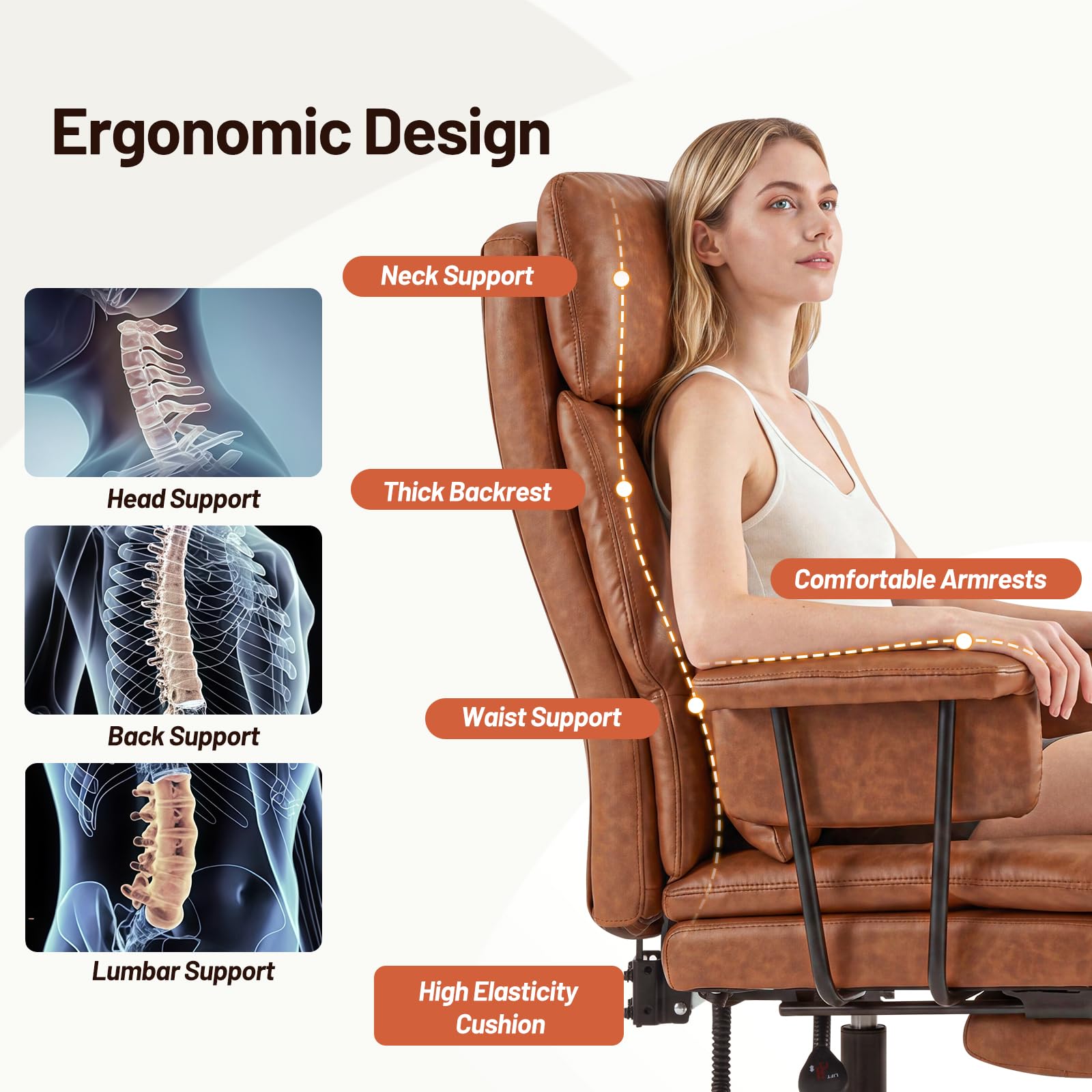 Furniliving Big and Tall Office Chair, Pu Leather High Back Executive Office Chair with Adjustable Lumbar Support, Gaming Chair with Padded Arm