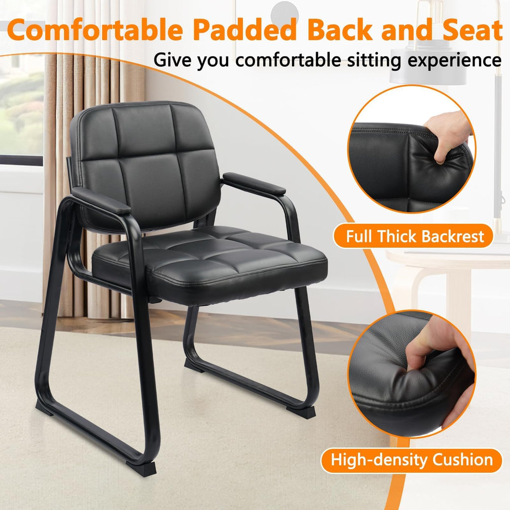 Clatina Leather Office Guest Chair with Sled Base, Reception Chair No Wheels with Armrests and Lumber Support, Stationary Desk Armchair for