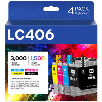 LC406 Ink Cartridges High Yield Replacement for Brother LC406 LC406XL | LC 406 XL Compatible with Brother MFC-J4335DW MFC-J5855DW MFC-J4535DW MFC-J6555DW MFC-J6955DW Printer (4 Pack, BK/M/C/Y)
