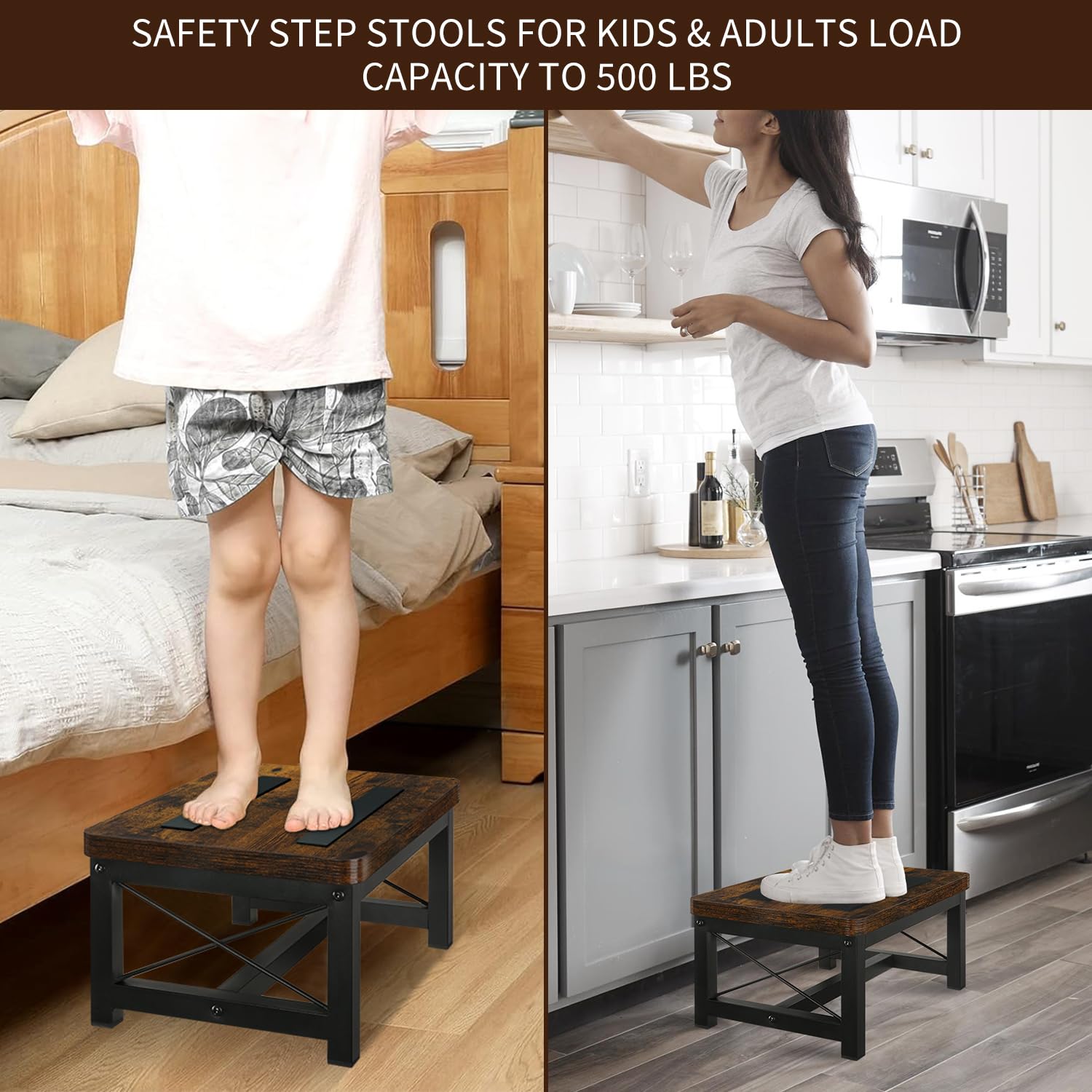 Yinmit Wooden Step Stool for Adults, Heavy Duty Step Stool for High Bed with Non-slip Feet, Using for Bedroom, Living Room, Bathroom and