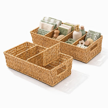 Nature-Inspired Rattan Pantry Organizer Baskets Set of 2 with 3 Removable Dividers – Handwoven Storage Bins for Kitchen or Bathroom Organization, Ideal for Snacks, Coffee & Tea (13” x 7.3” x 3.7”)