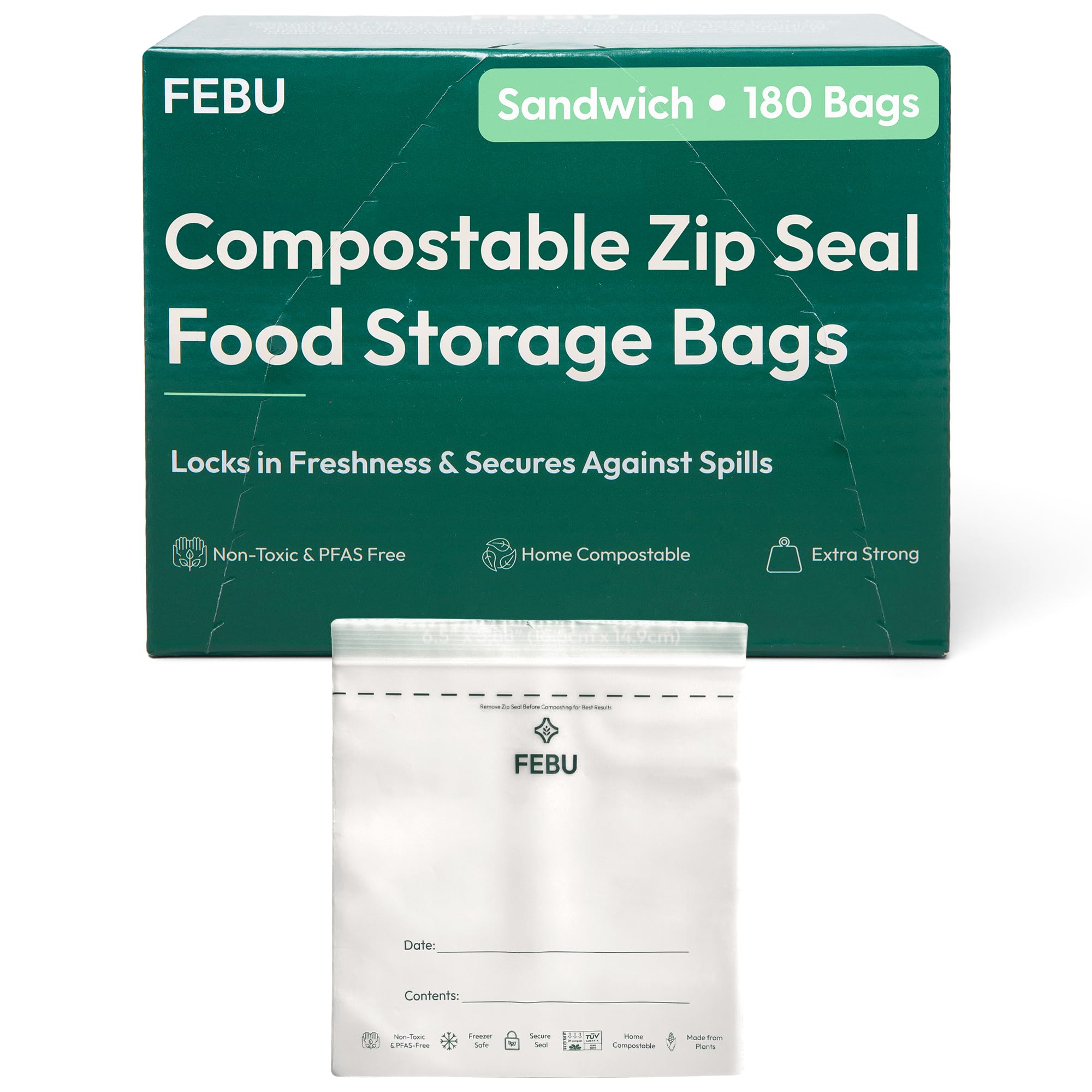 FEBU Sandwich Compostable Food Storage Bags, 180 Count | Certified Home Compostable & Biodegradable | PFAS & BPA Free Zipper Bags | Leak-Proof & Resealable | 6.5"x 5.88”