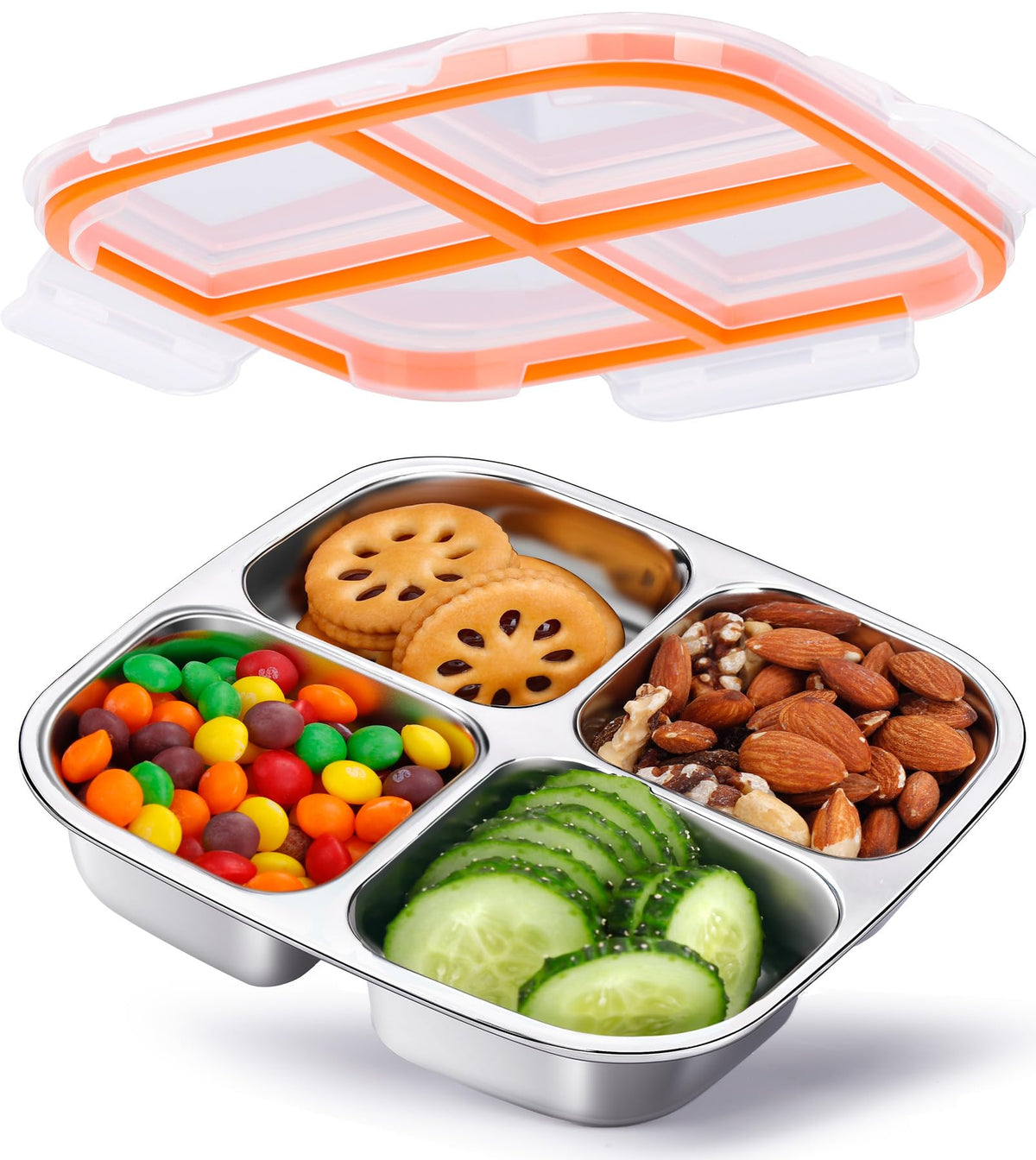 KTKUDY Stainless Steel Snack Container - Divided Bento Snack Box - 4 Compartment Meal Prep Lunch Container for Kids Daycare, School, Work, Travel