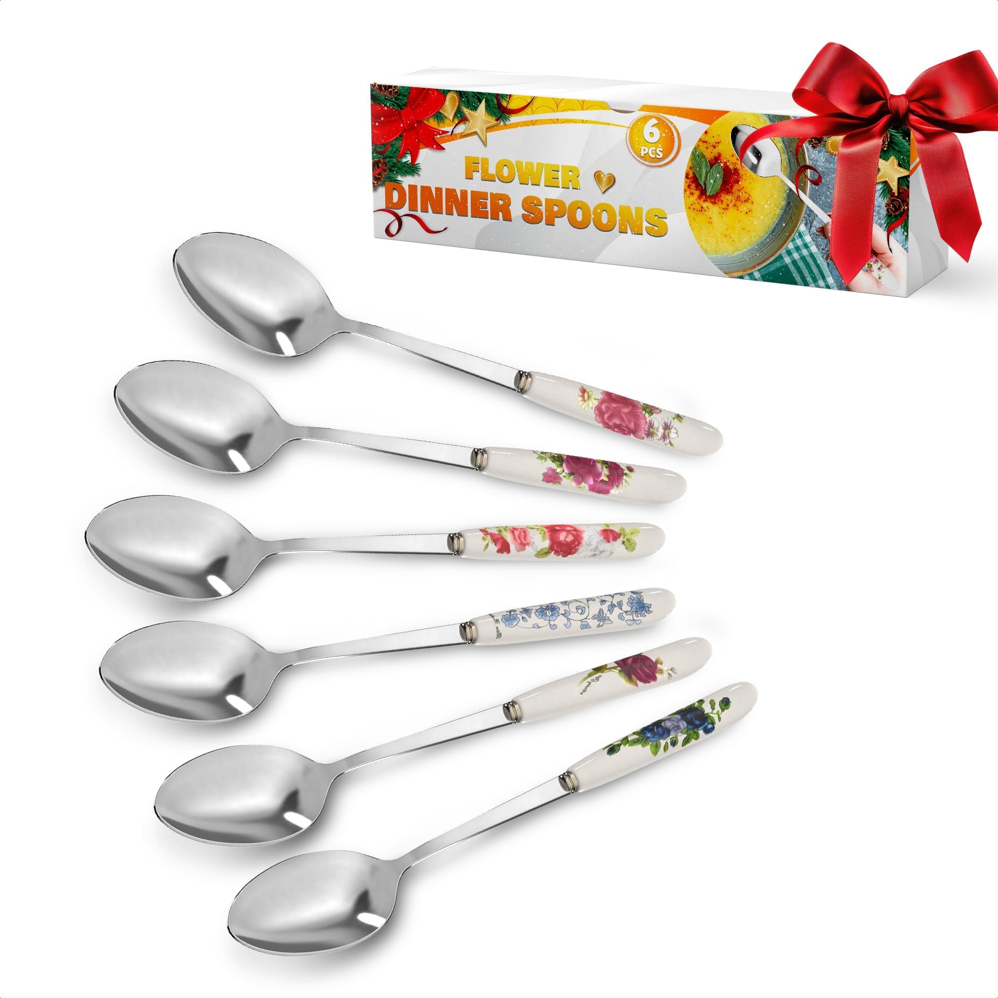 Sugar Spoon Set of 6 – Elegant 8.3? Floral Table Tablespoons Set with Non-Heating Ceramic Handle for Secure & Comfortable Grip – Food-Safe & Corrosion-Resistant Stainless Steel Soup Spoons Silverware