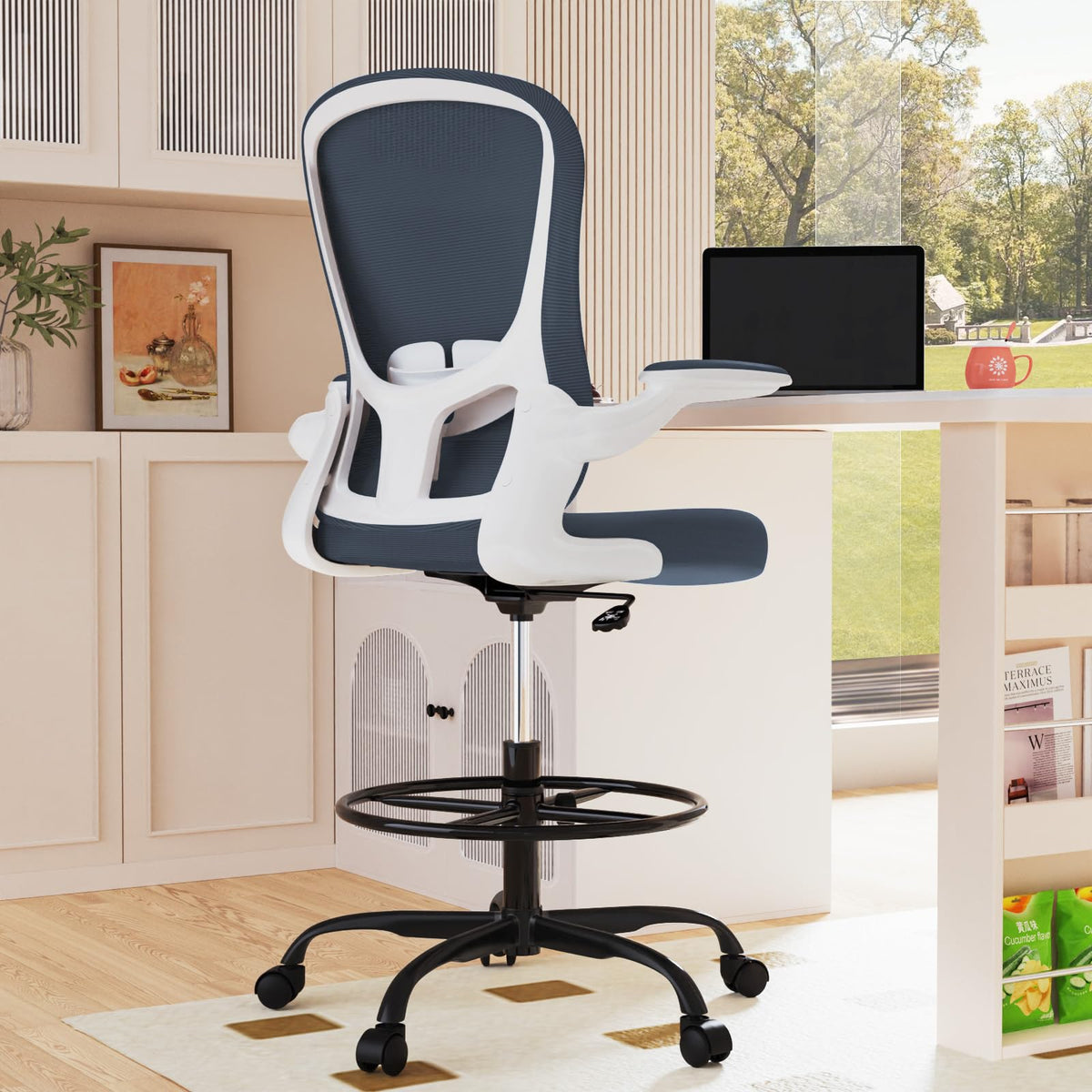 Drafting Chair, Tall Office Chair with Flip-up Armrests Executive Ergonomic Computer Standing Desk Chair, Office Drafting Chair with Lumbar