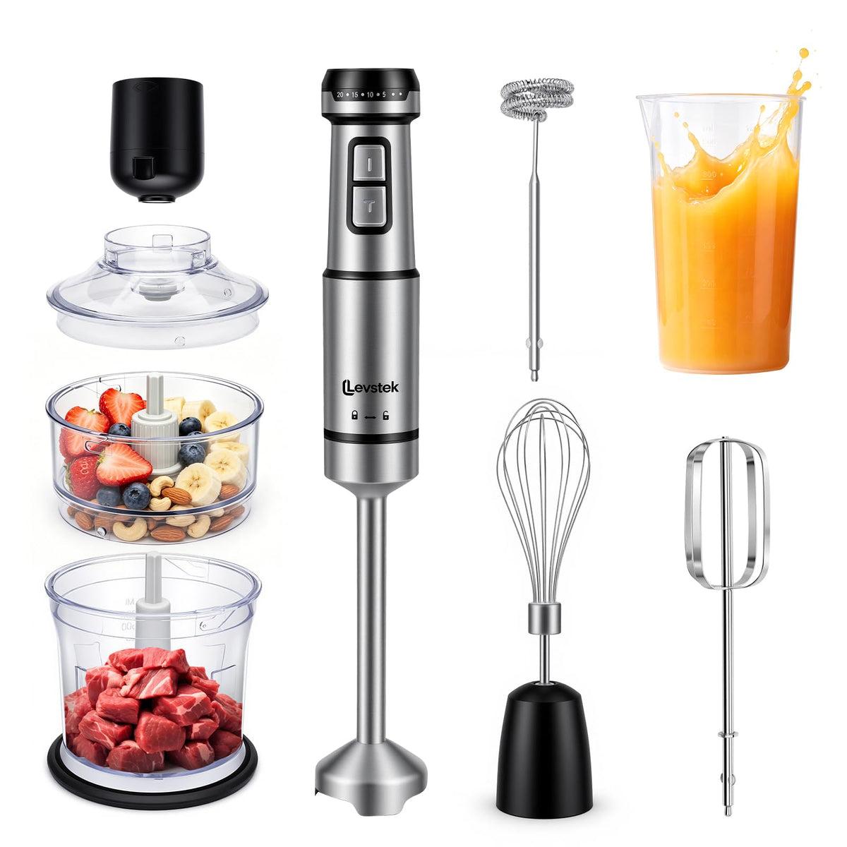 Immersion Hand Blender Set, 1200W 20-Speed Stainless Steel Stick Blender with 7 Accessories, 500ml & 200ml Chopper Cups, Milk Frother, Egg Beater, for Smoothies, Soups Kitchen Essential