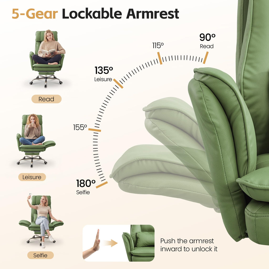Big and Tall Office Chair, Footrest & Flip Armrest for Pets, Pu Green, PU Leather