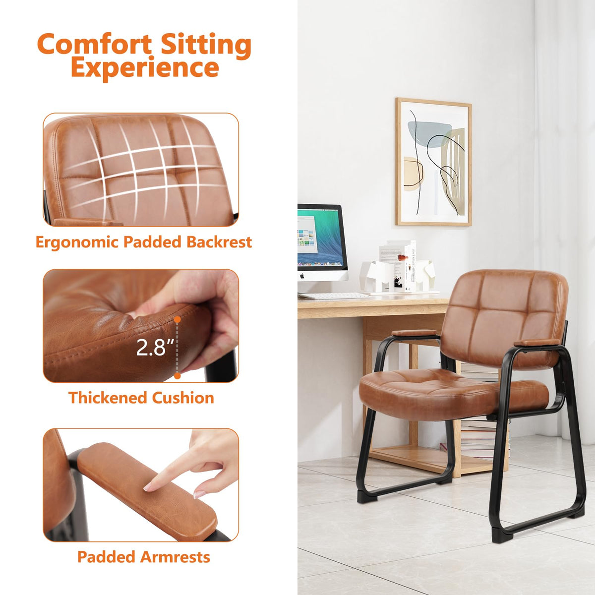 Clatina Big & Tall 500 Lbs Waiting Room Chairs with Padded Armrests and Sled Base, Leather Stationary No Wheels Office Guest Chair for