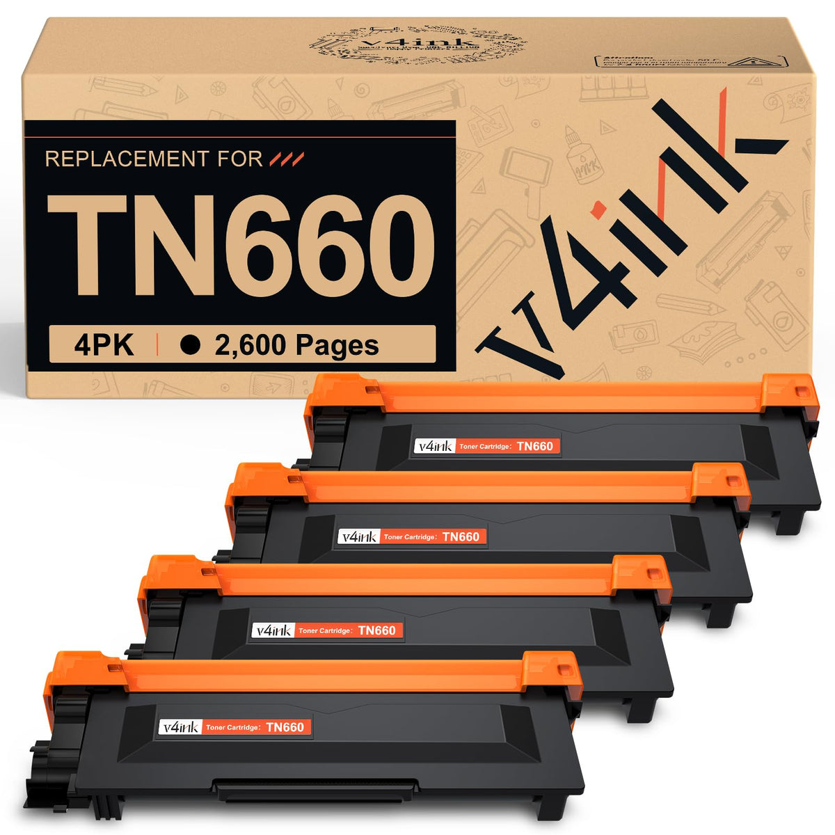 v4ink TN660 Compatible for Brother TN660 Toner Cartridge 4-Pack High Yield | Black Replacement for TN630 TN-630 TN-660 for Printer HLL2300D HLL2320D HLL2340DW HLL2360DW HLL2380DW MFC-L2700DW MFC-L2740DW