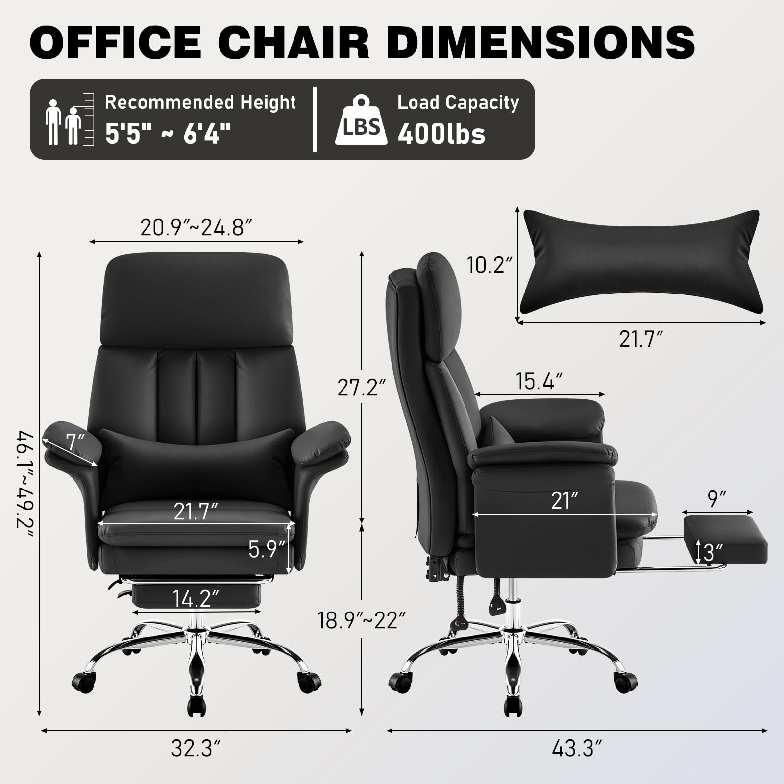 Leather Home Office Chair with Footrest 400lbs, High Back Rolling Desk Chair with Lumbar Support Soft Armrests, Excutive Office Chairs with