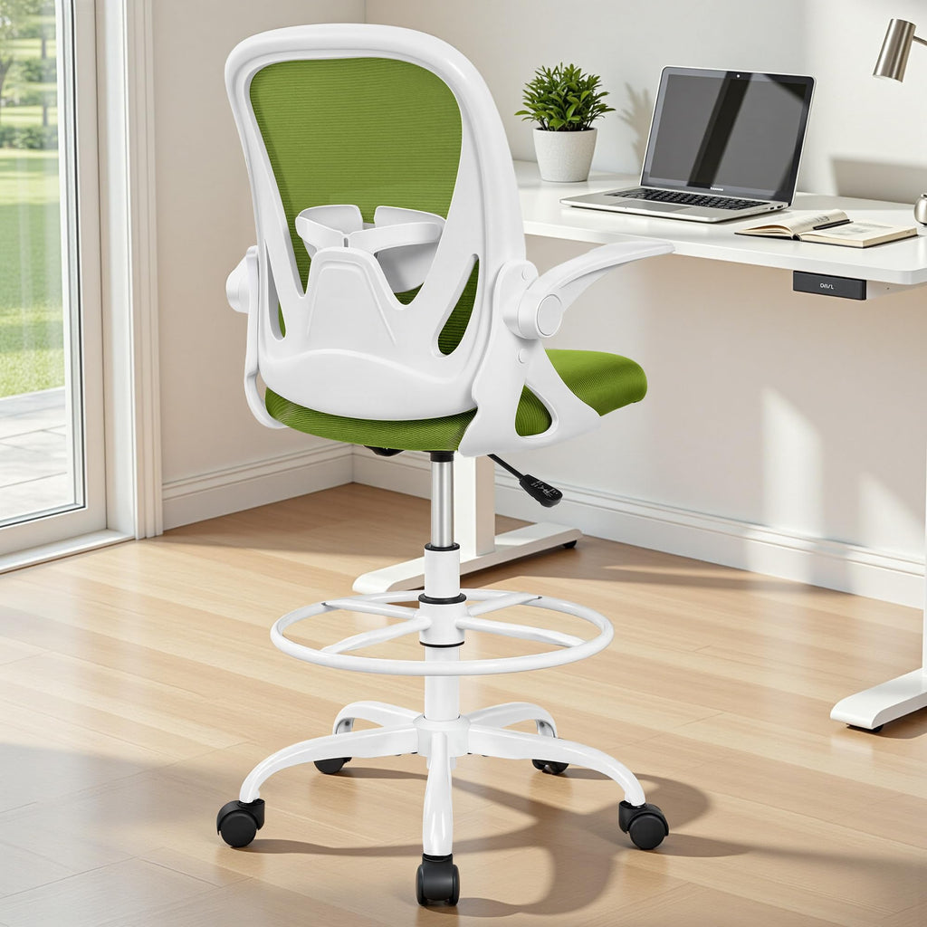 Primy Drafting Chair Tall Office Chair with Flip-up Armrests Executive Ergonomic Computer Standing Desk Chair with Lumbar Support and
